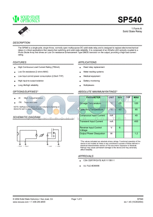 SP540 datasheet - 1 Form A Solid State Relay