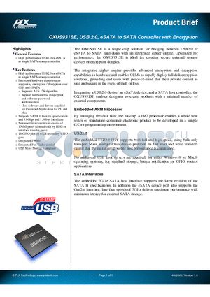 OXUS931SE datasheet - USB 2.0, eSATA to SATA Controller with Encryption