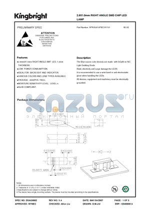 APKA2810PBC/A-F01 datasheet - 2.8X1.0mm RIGHT ANGLE SMD CHIP LED LAMP