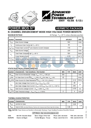 APL501P datasheet - N-CHANNEL ENHANCEMENT MODE HIGH VOLTAGE POWER MOSFETS