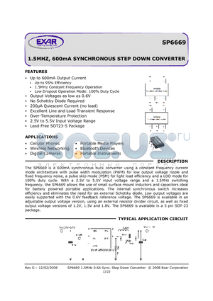 SP6669AEK-L/TRR3 datasheet - 1.5MHZ, 600mA SYNCHRONOUS STEP DOWN CONVERTER