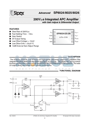 SP8026 datasheet - 200V/us Integrated APC Amplifier with Gain Adjust & Differential Output