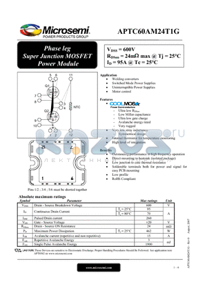APTC60AM24T1G datasheet - Phase leg Super Junction MOSFET Power Module
