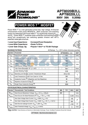 APT8020LLL datasheet - Power MOS 7TM is a new generation of low loss, high voltage, N-Channel enhancement mode power MOSFETS.