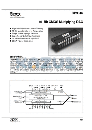 SP9316B-4 datasheet - 16-Bit CMOS Multiplying DAC