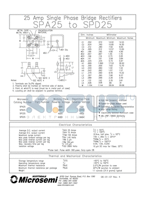SPA25 datasheet - 25 Amp Single Phase Bridge Rectifiers