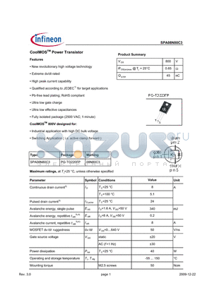 SPA08N80C3 datasheet - CoolMOSTM Power Transistor Features Extreme dv/dt rated High peak current capability