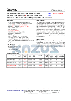 SPB-37160-1590G datasheet - 1590 nm TX / 1510 nm RX , 3.3V / 155 Mbps Single-Fiber SFP Transceiver