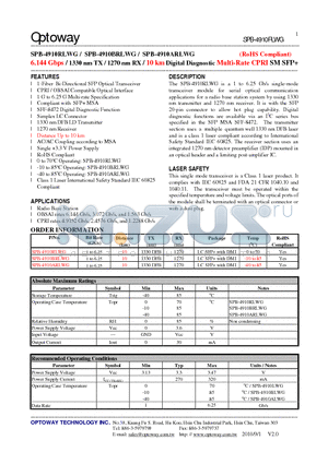 SPB-4910ARLWG datasheet - 6.144 Gbps / 1330 nm TX / 1270 nm RX / 10 km Digital DiagnosticMulti-Rate CPRI SMSFP