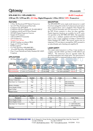 SPB-4940BLWG datasheet - 1330 nm TX / 1270 nm RX , 8.5 Gbps Digital Diagnostic 1-Fiber SM LC SFP Transceiver