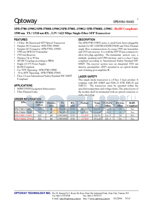 SPB-5780-1590G datasheet - 1590 nm TX / 1510 nm RX , 3.3V / 622 Mbps Single-Fiber SFP Transceiver