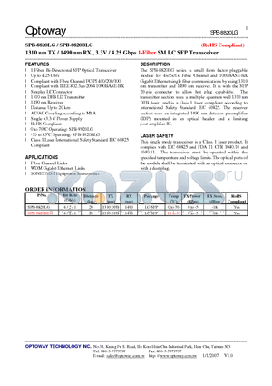 SPB-8820LG datasheet - 1310 nm TX / 1490 nm RX , 3.3V / 4.25 Gbps 1-Fiber SM LC SFP Transceiver