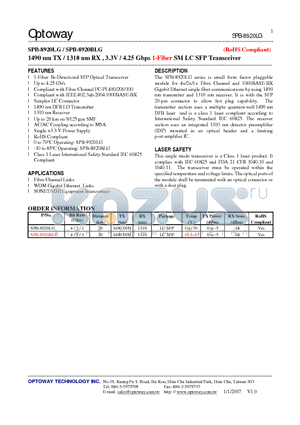 SPB-8920BLG datasheet - 1490 nm TX / 1310 nm RX , 3.3V / 4.25 Gbps 1-Fiber SM LC SFP Transceiver