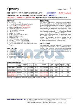 SPB-9620RLWG datasheet - 1310 nm TX / 1550 nm RX , 3.3V / 3.2Gb/s Digital Diagnostic Single-Fiber SFP Transceiver