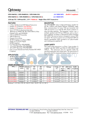 SPB-9840AMG datasheet - 1310 nm TX / 1490 nm RX , 3.3V / Multirate Single-Fiber SFP Transceiver