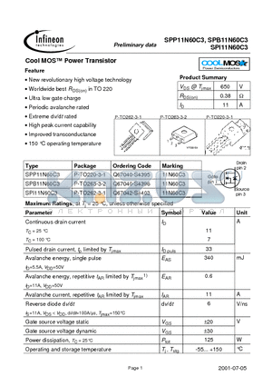 SPB11N60C3 datasheet - Cool MOS Power Transistor