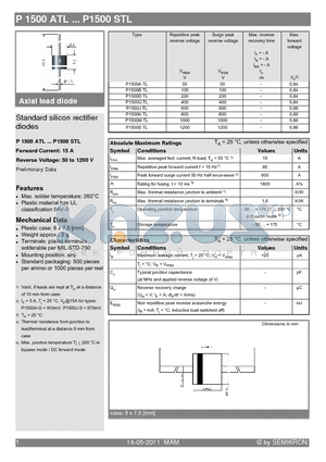 P1500JTL datasheet - Standard silicon rectifier diodes