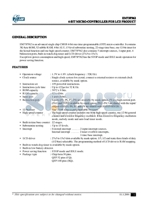 EM73P362 datasheet - 4-BIT MICRO-CONTROLLER FOR LCD PRODUCT