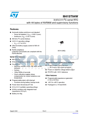 M41ST84W datasheet - 3.0/3.3 V I2C serial RTC with 44 bytes of NVRAM and supervisory functions