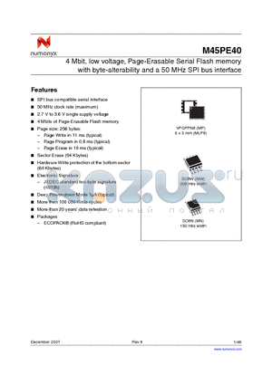 M45PE40-VMP6G datasheet - 4 Mbit, low voltage, Page-Erasable Serial Flash memory with byte-alterability and a 50 MHz SPI bus interface