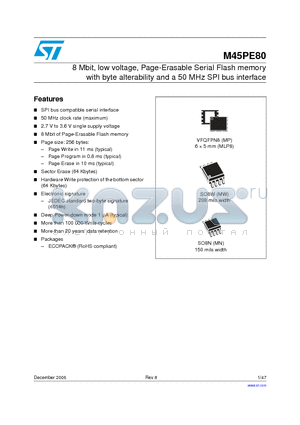 M45PE80-VMN6P datasheet - 8 Mbit, low voltage, Page-Erasable Serial Flash memory with byte alterability and a 50 MHz SPI bus interface