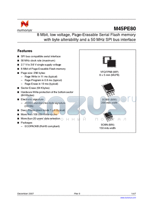 M45PE80-VMN6P datasheet - 8 Mbit, low voltage, Page-Erasable Serial Flash memory with byte alterability and a 50 MHz SPI bus interface