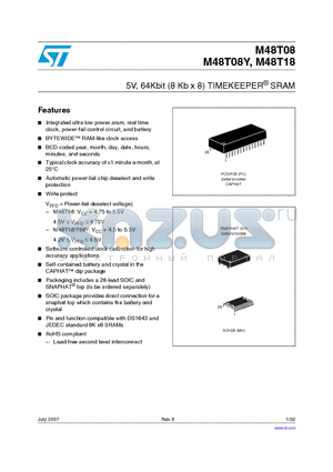 M48T08 datasheet - 5V, 64Kbit (8 Kb x 8) TIMEKEEPER^ SRAM