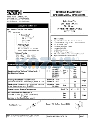 SPD6627B datasheet - 2.8 - 4 AMPS 200 - 1000 VOLTS 30 - 60 nsec HYPER FAST RECOVERY RECTIFIER