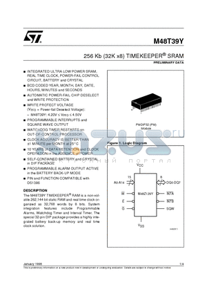 M48T39YPM datasheet - 256 Kb 32K x8 TIMEKEEPER SRAM