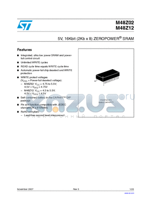 M48Z02 datasheet - 5V, 16Kbit (2Kb x 8) ZEROPOWER SRAM