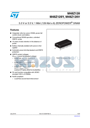 M48Z128V datasheet - 5.0 V or 3.3 V, 1 Mbit (128 Kbit x 8) ZEROPOWER^ SRAM