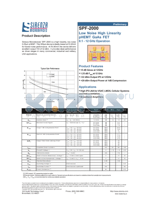 SPF-2000 datasheet - Low Noise High Linearity pHEMT GaAs FET 0.1 - 12 GHz Operation