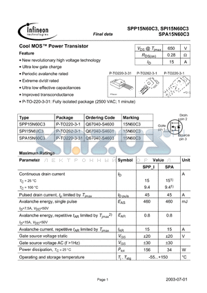 SPI15N60C3 datasheet - Cool MOS Power Transistor