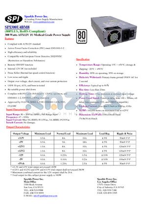 SPI300U4BM8 datasheet - 300 Watts ATX12V 1U Medical Grade Power Supply