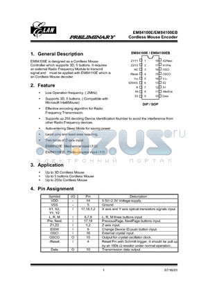 EM84100E datasheet - CORDLESS MOUSE ENCODER