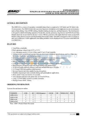 EM91410 datasheet - TONE/PULSE SWITCHABLE DIALER WITH LCD INTERFACE AND DUAL-TONE MELODY GENERATOR