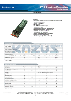 SPL-54-DR-LR2-TDA datasheet - SFP Bi-Directional Transceiver Preliminary