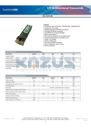 SPL-53-FE-BD-TDA datasheet - SFP Bi-Directional Transceiver