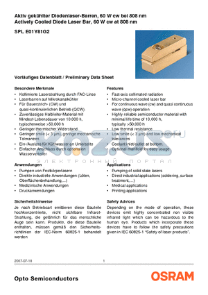 SPLE01Y81G2 datasheet - Aktiv gekulter Diodenlaser-Barren, 60 W cw bei 808 nm