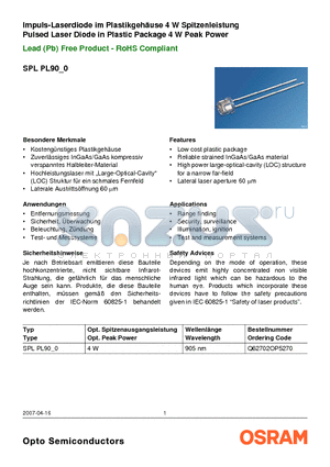 SPLPL90_0 datasheet - Pulsed Laser Diode in Plastic Package 4 W Peak Power