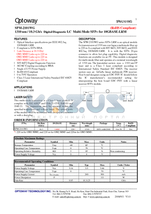 SPM-2101WG datasheet - 1310 nm / 10.3 Gb/s Digital Diagnostic LC Multi-Mode SFP for 10GBASE-LRM