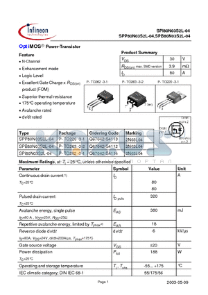 SPP80N03S2L-04 datasheet - OptiMOS Power-Transistor