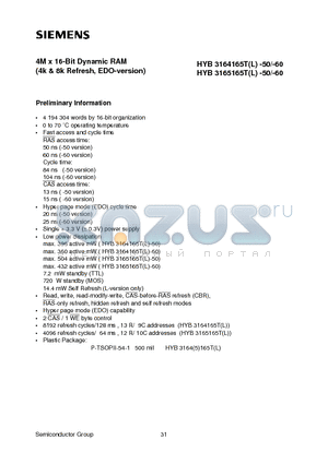 HYB3164165TL-60 datasheet - 4M x 16-Bit Dynamic RAM