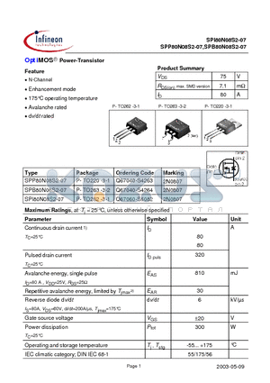 SPP80N08S2-07 datasheet - OptiMOS Power-Transistor