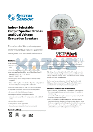 SPR datasheet - Indoor Selectable Output Speaker Strobes and Dual Voltage Evacuation Speakers