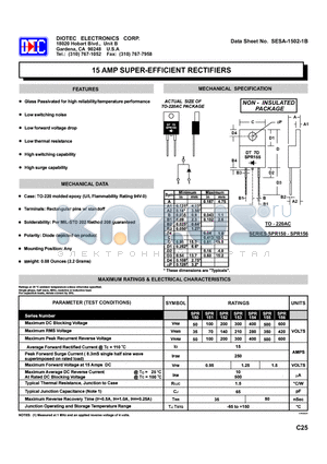 SPR150 datasheet - 15 AMP SUPER-EFFICIENT RECTIFIERS