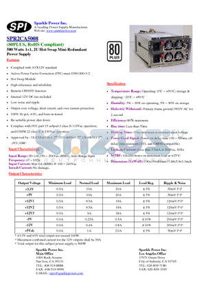 SPR2CA5008 datasheet - 500 Watts 11, 2U Hot-Swap Mini-Redundant Power Supply