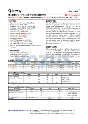 SPS-2120BWG datasheet - 10.3 Gb/s / 20 km / 1310 nm Digital Diagnostic SFP LC SINGLE-MODE TRANSCEIVER