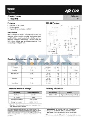 EMDC-10-1TR datasheet - E-Series Coupler 5-1000 MHz