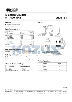 EMDC-10-1 datasheet - E-Series Coupler 5 - 1000 MHz